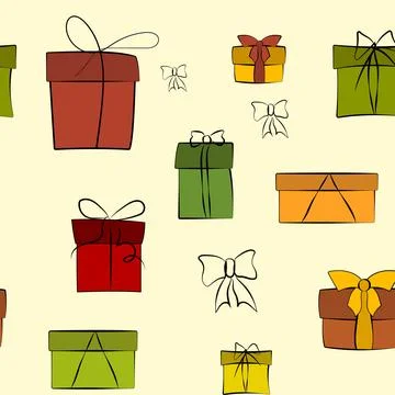 Vector seamless pattern, gift boxes, vector icon set. Hand drawn doodle Stock Illustration