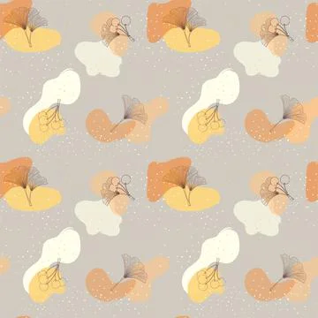 Vector seamless pattern with ginkgo leaves and berries cottage core Stock Illustration