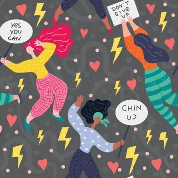 Vector seamless pattern girl with positive banner Stock Illustration