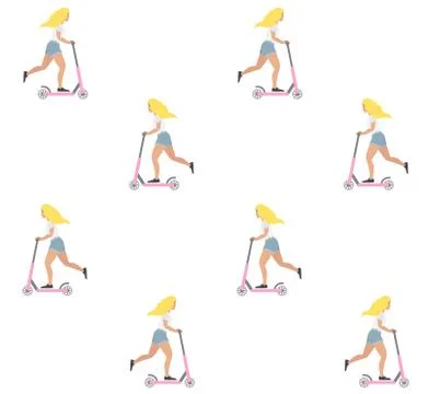 Vector seamless pattern of girl riding a scooter Stock Illustration