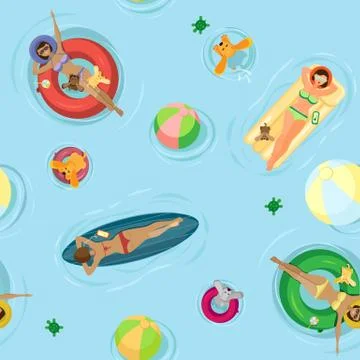 Vector seamless pattern. Girls and dogs rest on the water Stock Illustration