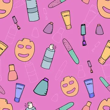 Vector seamless pattern, girls makeup, manicure, face mask on a pink backgrou Stock Illustration