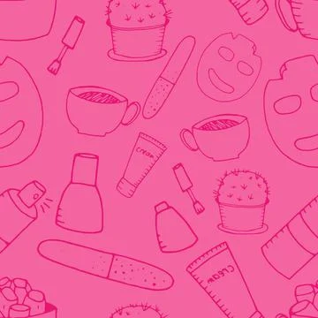 Vector seamless pattern, girls makeup, manicure, face mask on a pink backgrou Stock Illustration