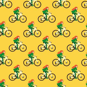 Vector seamless pattern with girls riding bicycle Stock Illustration
