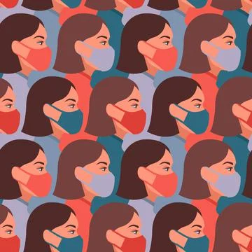 Vector seamless pattern with girls wearing face medical masks, respirators. Stock Illustration