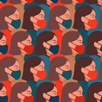 Vector seamless pattern with girls wearing face medical masks, respirators. Stock Illustration