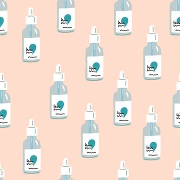 Vector seamless pattern with glass bottle with daycare serum, skin routine Stock Illustration