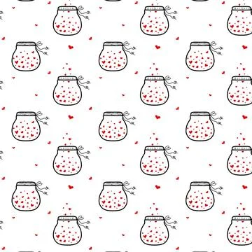 Vector seamless pattern with glass jar and hearts. Stock Illustration