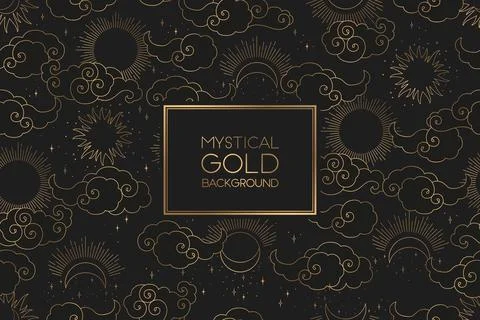 Vector seamless pattern with gold abstract sun, moon, stars and clouds isol.. イラスト素材