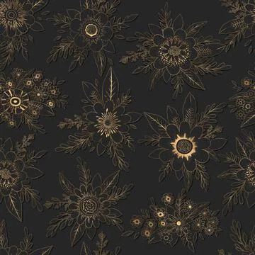 Vector seamless pattern with gold floral compositions from hand drawn flowers Stock Illustration