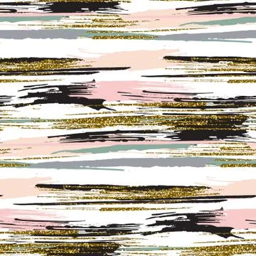 Vector seamless pattern with gold glitter textured brush strokes and stripes Stock Illustration