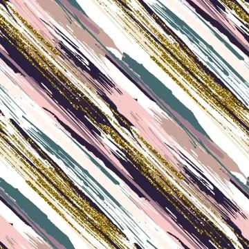 Vector seamless pattern with gold glitter textured brush strokes and stripes Stock Illustration