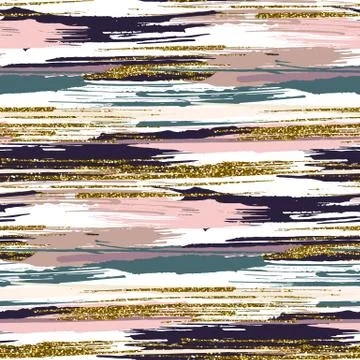 Vector seamless pattern with gold glitter textured brush strokes and stripes Stock Illustration