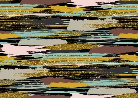 Vector seamless pattern with gold glitter textured brush strokes and stripes Illustrazione stock