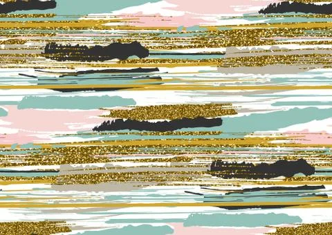 Vector seamless pattern with gold glitter textured brush strokes and stripes Stock Illustration