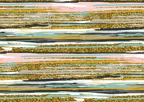 Vector seamless pattern with gold glitter textured brush strokes and stripes Stock Illustration