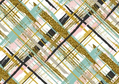 Vector seamless pattern with gold glitter textured brush strokes and stripes Stock Illustration