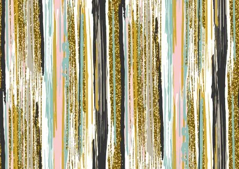 Vector seamless pattern with gold glitter textured brush strokes and stripes Stock Illustration