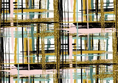 Vector seamless pattern with gold glitter textured brush strokes and stripes Stock Illustration