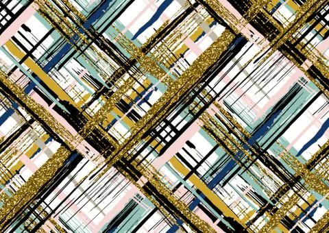 Vector seamless pattern with gold glitter textured brush strokes and stripes Illustrazione stock