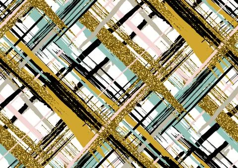 Vector seamless pattern with gold glitter textured brush strokes and stripes Stock Illustration