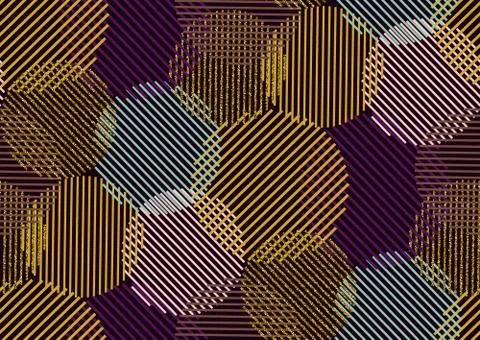 Vector seamless pattern with gold glitter textured circles and stripes. Stock Illustration