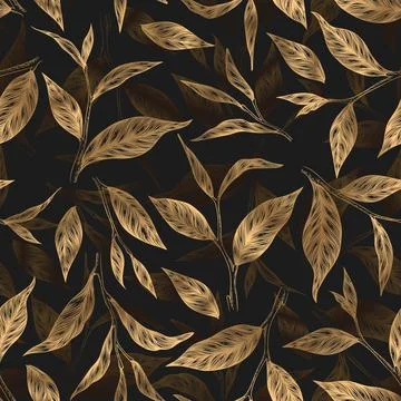 Vector seamless pattern with gold hand drawn tea leaves and branches isolated Stock Illustration