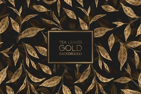 Vector seamless pattern with gold hand drawn tea leaves and branches isolat.. Stock Illustration