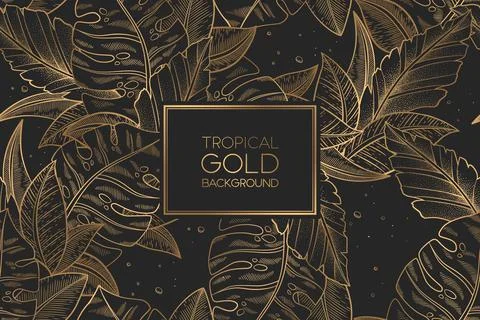 Vector seamless pattern with gold trendy exotic palm and monstera leaves isol Stock Illustration
