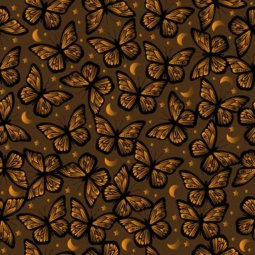 Vector seamless pattern  golden butterflies, doodle butterflies Stock Illustration
