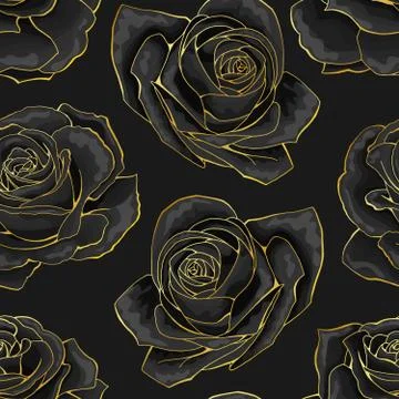 Vector seamless pattern. Golden outline rose flowers on black background イラスト素材