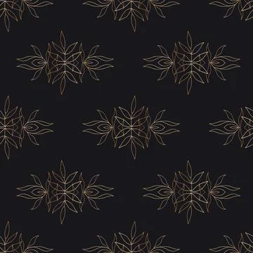Vector seamless pattern. Golden outline leaves on black background Stock Illustration