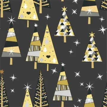 Vector seamless pattern with golden spruce trees and stars Stock Illustration