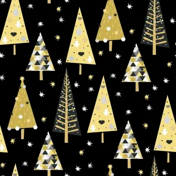 Vector seamless pattern with golden spruce trees and stars Stock Illustration