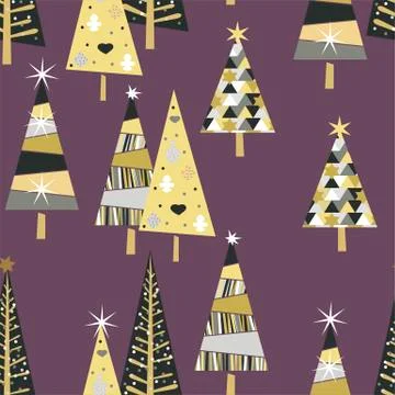 Vector seamless pattern with golden spruce trees and stars Stock Illustration