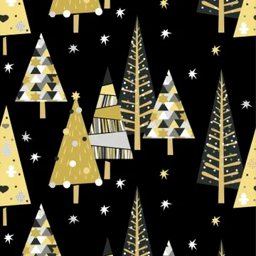 Vector seamless pattern with golden spruce trees and stars Stock Illustration
