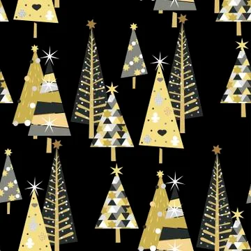 Vector seamless pattern with golden spruce trees and stars Stock Illustration