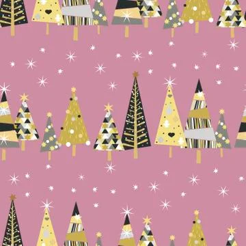 Vector seamless pattern with golden spruce trees and stars Stock Illustration