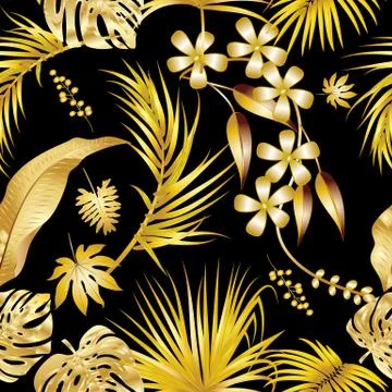 Vector seamless pattern with golden tropical leaves on black background. Stock Illustration