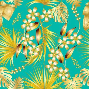 Vector seamless pattern with golden tropical leaves on tiffany blue backgroun Illustrazione stock