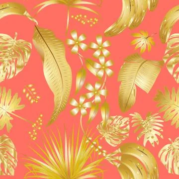 Vector seamless pattern with golden tropical leaves on living coral backgroun イラスト素材