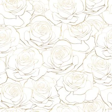 Vector seamless pattern. Golden wire outline rose flowers on white background Stock Illustration