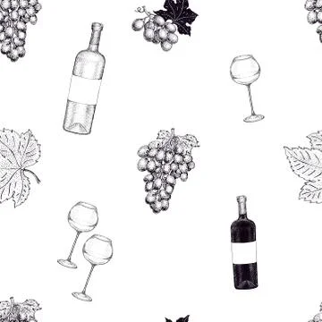 Vector seamless pattern with grape, wine, glass. Can be use for background,.. Stock Illustration