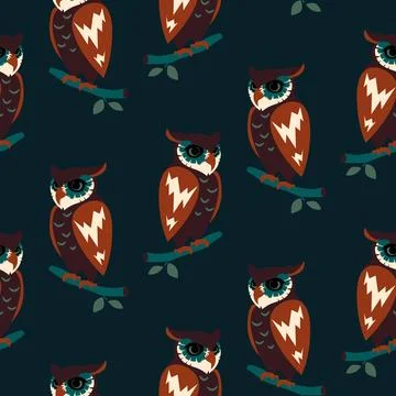 Vector seamless pattern with graphic owls. Cartoon stylish bird forest character Illustrazione stock