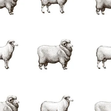 Vector seamless pattern with graphical sheep silhouettes, retro hand drawn Stock Illustration