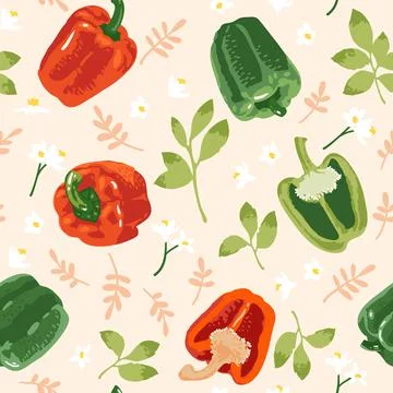 Vector seamless pattern with green and red peppers, flowers and leaves Stock Illustration