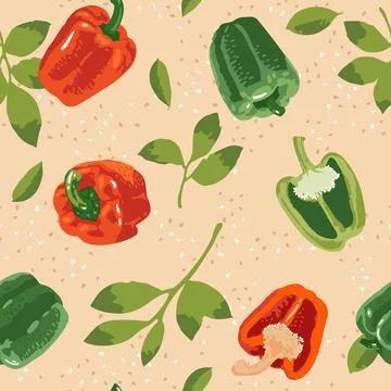 Vector seamless pattern with green and red peppers, flowers and leaves Stock Illustration