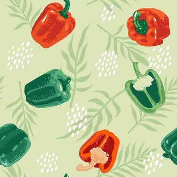 Vector seamless pattern with green and red peppers, flowers and leaves Stock Illustration