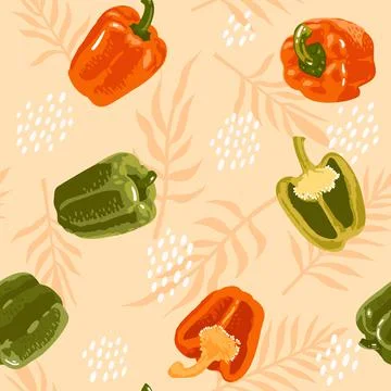 Vector seamless pattern with green and red peppers, flowers and leaves Stock Illustration