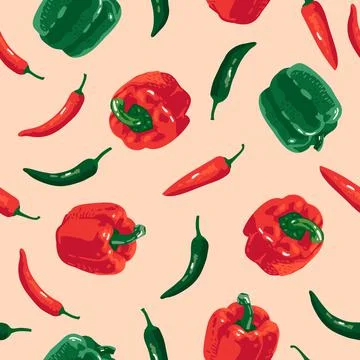 Vector seamless pattern with green and red peppers. Sweet and hot Stock Illustration